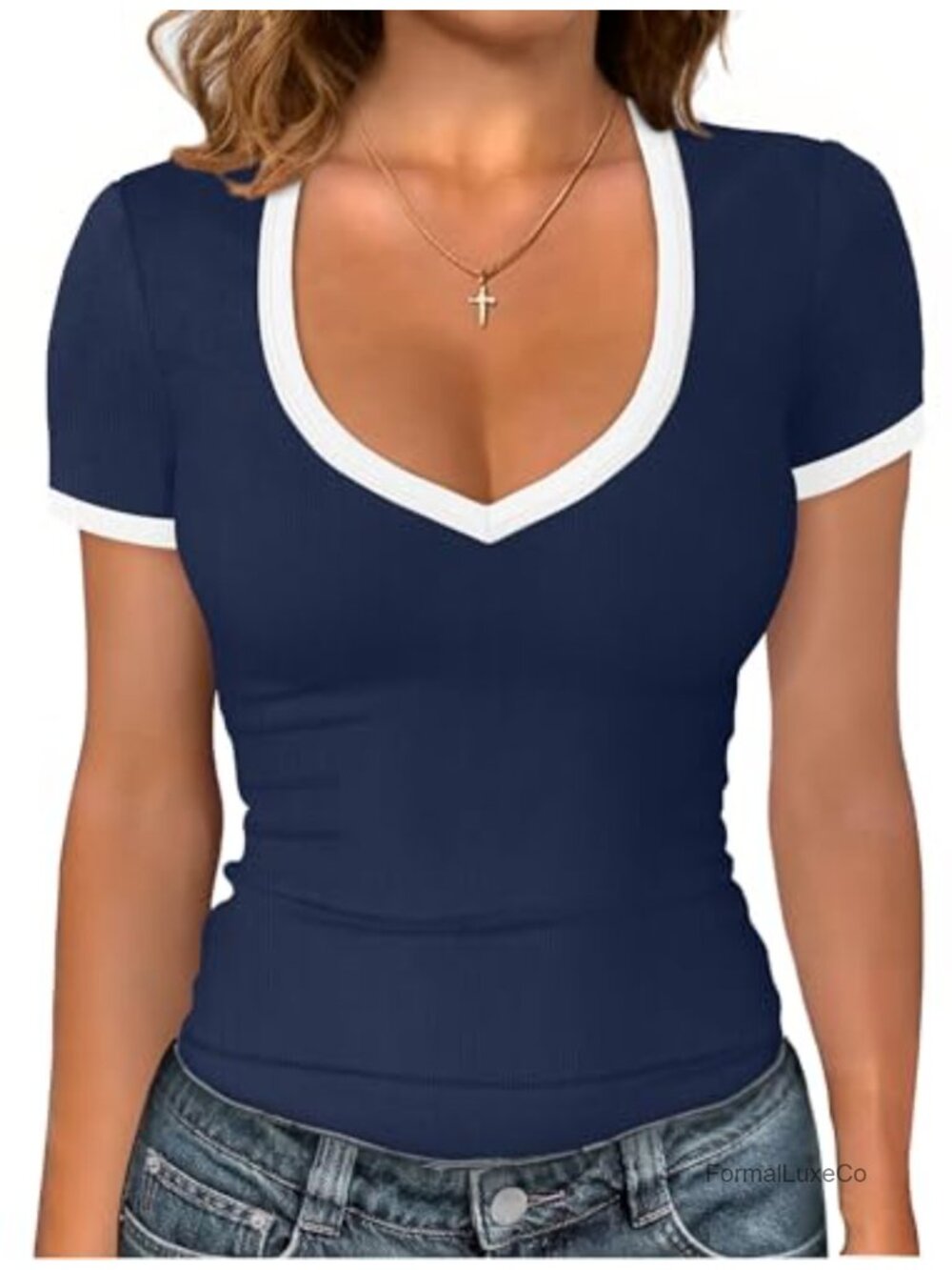 Sampeel Womens V Neck Short Sleeve Ribbed T Shirt Slim Fit Summer Basic Tee